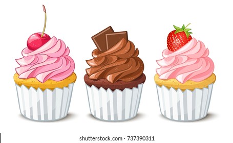 Hand drawn vanilla cupcakes with cherry, strawberry and chocolate on top, cartoon colorful food sketches, isolated on white background. Vector set  illustration.