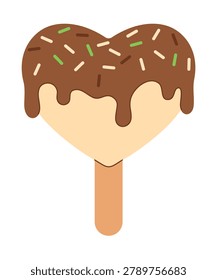 Hand drawn vanilla ice cream on stick in the shape of heart drizzled with liquid dripping chocolate with sugar sprinkles, jimmies. Isolated flat vector EPS10 