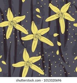 Hand drawn vanilla. The pods and flowers. Vector seamless pattern. 