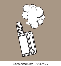 Hand drawn vape, vaping device with smoke cloud, black and white sketch vector illustration isolated on color background. Realistic hand drawing of vape, vaporizer device emitting smoke cloud
