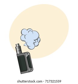 Hand drawn vape, vaping device with smoke cloud, sketch vector illustration i with space for text. Realistic hand drawing of vape, vaporizer device emitting smoke cloud