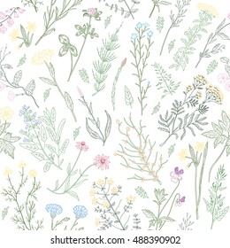 Hand drawn variegated herbs, wild flowers, leaves on white background. Seamless pattern. Rustic template. Vintage design sketched vector illustration.