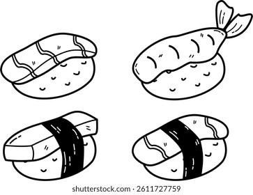 Hand drawn variety of sushi. Japanese cuisine simple and minimalist. Sushi Stickers Hand Drawn Doodle Coloring Vector