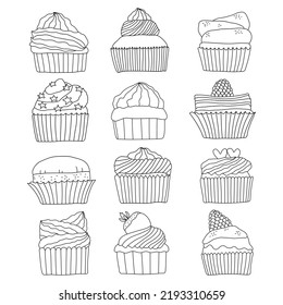 Hand drawn variety sweet cupcakes collection in doodle art style on white background