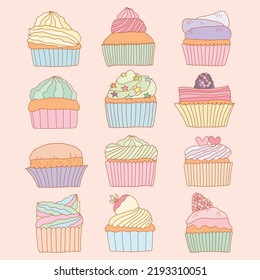 Hand drawn variety sweet pastel cupcakes collection in doodle art style on white background