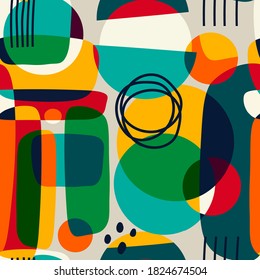 Hand drawn various Abstract shapes, lines and doodle objects. Contemporary modern trendy Vector illustration. Repeating square Seamless Pattern. Textile or paper print template. Colorful Wallpaper