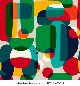Hand drawn various Abstract shapes and doodle objects. Contemporary modern trendy Vector illustration. Repeating square Seamless Pattern. Textile or paper print template. Colorful Wallpaper