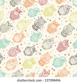 Hand drawn various amusing owls seamless pattern. Retro endless background