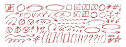 Hand Drawn Various Arrows, Ellipses, Punctuation Marks, Direction Pointers. Charcoal Or Pencil Drawn Rough Red Elements For Diagrams. Swirl Lines, Swoosh, Bubbles, Underline Element.