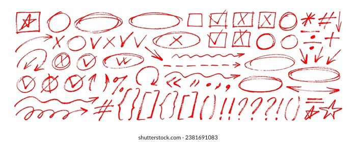 Hand drawn various arrows, ellipses, punctuation marks, direction pointers. Charcoal or pencil drawn rough red elements for diagrams. Swirl lines, swoosh, bubbles, underline element.