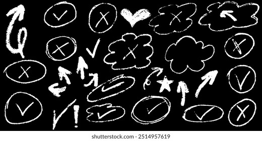 Hand drawn various arrows, ellipses, punctuation marks, direction pointers.