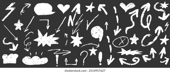 Hand drawn various arrows, ellipses, punctuation marks, direction pointers.