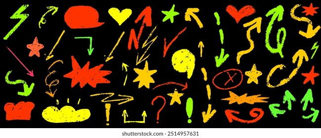 Hand drawn various arrows, ellipses, punctuation marks, direction pointers.