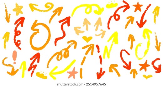 Hand drawn various arrows, ellipses, punctuation marks, direction pointers.