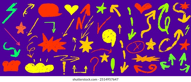 Hand drawn various arrows, ellipses, punctuation marks, direction pointers.