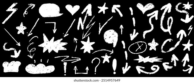 Hand drawn various arrows, ellipses, punctuation marks, direction pointers.