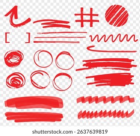 Hand drawn various arrows, ellipses, punctuation marks, direction pointers. Charcoal or pencil drawn rough red elements for diagrams. Swirl lines, swoosh, bubbles, underline element.