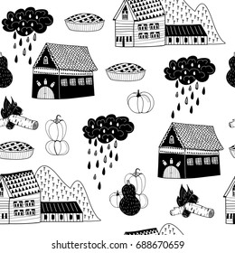 Hand drawn various autumn elements. Graphic vector seamless pattern