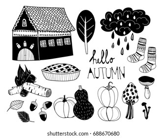 Hand drawn various autumn elements. Graphic vector set. All elements are isolated