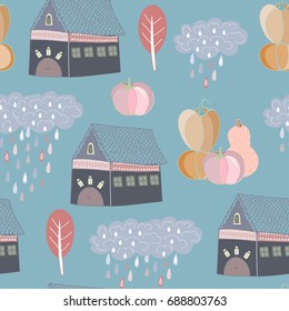 Hand drawn various autumn elements. Colored graphic vector seamless pattern. Blue background