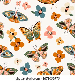 Hand drawn various beautiful Butterflies and flowers. Colorful Vector seamless pattern. Top view. Pastel colors. Trendy illustration. Background texture. Wallpaper