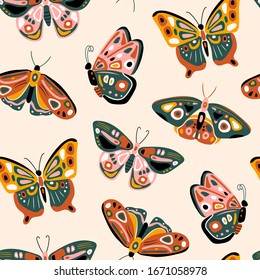 Hand drawn various beautiful Butterflies. Colorful Vector seamless pattern. Top view. Side view. Pastel colors. Trendy illustration. Background texture. Wallpaper