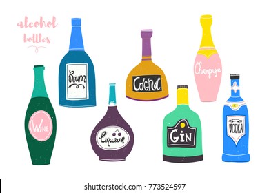 Hand drawn various bottles of alcohol in unique trendy style. Vector illustration for menu design and posters. All elements are isolated