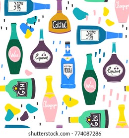 Hand drawn various bottles of alcohol and abstract spots in unique trendy style. Vector seamless pattern