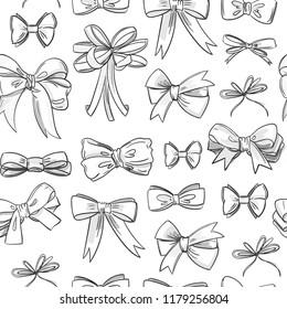 Hand drawn various bow ties. Black and white vector seamless pattern