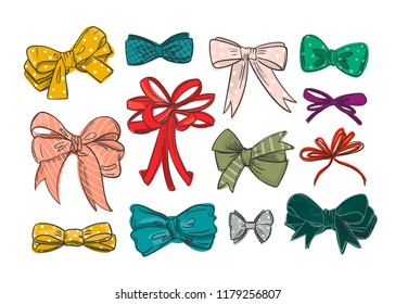 Hand drawn various bow ties. Colored vector set. All elements are isolated. Print, icon, design templates