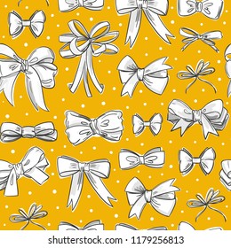 Hand drawn various bow ties. Black and white vector seamless pattern. Yellow background