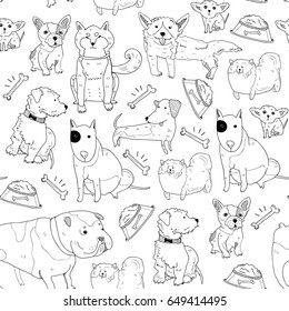 Hand drawn various breeds of dogs. Graphic doodle vector seamless pattern