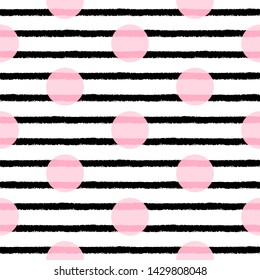 Hand drawn various brush chalk stripes, lines, bars, rough edged streaks and circles, dots seamless vector pattern. Black and blush pink texture. Fashion, beauty elegant striped ornament, background.