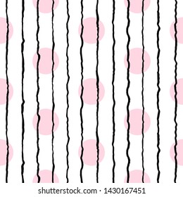 Hand drawn various brush stripes, pinstripes, lines, doodle style bars, wavy uneven streaks and circles, dots seamless repeat vector pattern. Black and blush pink texture. Fashion, beauty background.