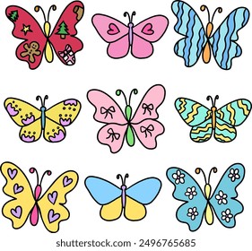 Hand drawn various butterfly designs for animal, zoo, souvenir shop, print, cute patches, shirt print, brooch, plush toy, doll, decoration, sticker, shape, standee, women fashion, accessory, picnic