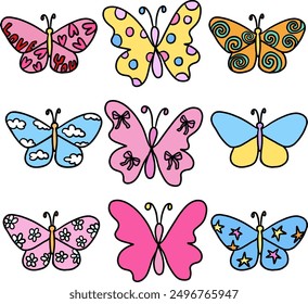 Hand drawn various butterfly designs for animal, zoo, souvenir shop, print, cute patches, shirt print, brooch, plush toy, doll, decoration, sticker, shape, standee, women fashion, accessory, picnic