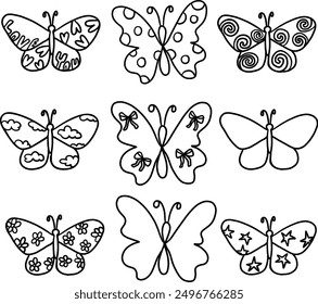 Hand drawn various butterfly outlines for kid colouring book, animal, zoo, souvenir shop, print, cute patches, shirt print, brooch, plush toy, doll, decoration, sticker, tattoo, art, painting, icon