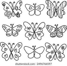 Hand drawn various butterfly outlines for kid colouring book, animal, zoo, souvenir shop, print, cute patches, shirt print, brooch, plush toy, doll, decoration, sticker, tattoo, art, painting, icon