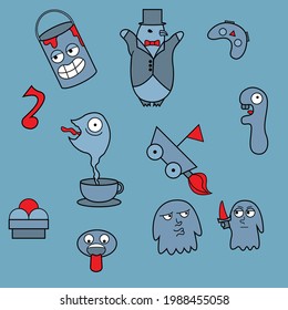 Hand drawn various cartoons. Vector with an exceptional red color. All elements are isolated. Celestial background
