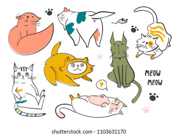 Hand drawn various cats. Colored vector set. All elements are isolated