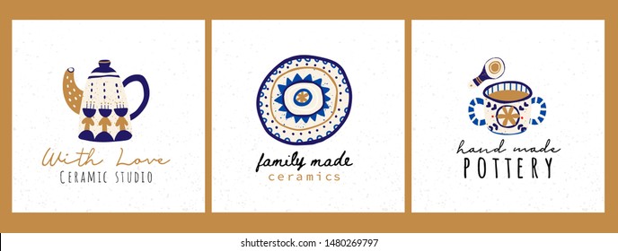 Hand drawn various ceramics, pottery. Dish, pot, cup, mug, plate, bowl. Ethnic ornament. Colored trendy vector illustration. Flat design. Stamp texture. Pre-made logos