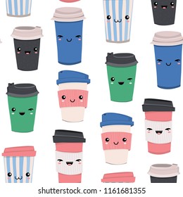 Hand drawn various coffee cups with kawaii faces. Colored vector seamless pattern