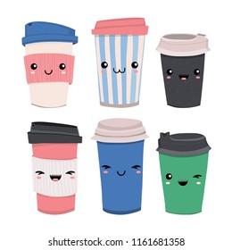 Hand drawn various coffee cups with kawaii faces. Colored vector set. All elements are isolated