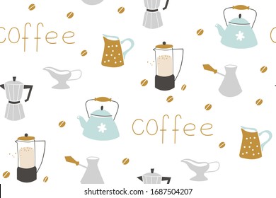 La mano dibujó varias tazas de café.  Patrón veloz. Fondo azul