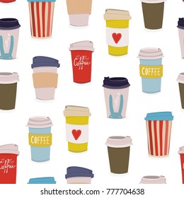 Hand drawn various coffee cups. Vector seamless pattern