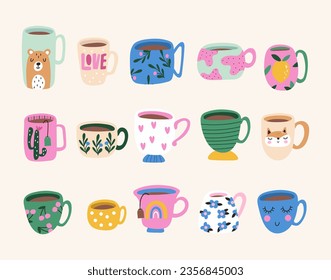 Hand dibujó varios set de café y té. Ilustración vectorial.