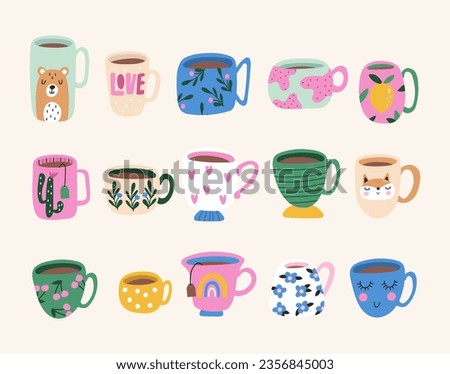 Hand drawn various Coffee and tea cup set. Vector illustration.