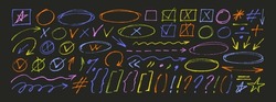 Hand Drawn Various Colored Arrows, Ellipses, Punctuation Marks, Direction Pointers. Charcoal Or Pencil Drawn Rough Colorful Elements For Diagrams. Swirl Lines, Swoosh, Bubbles, Underline Element.
