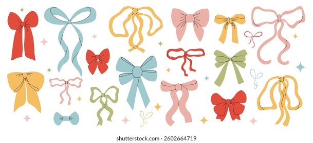 Hand drawn various colorful bow knots, ribbons and bows. Collection of elegant bows, hair accessories, gift boxes. Perfect for wedding invitations, holiday poster, greeting cards. Vector