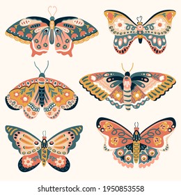 Hand drawn various colorful butterflies. Colorful Vector illustrations. Top view. Pastel colors. Trendy illustration. All elements are isolated 